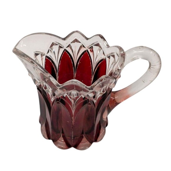 Vtg Ruby Stained Glass Pitcher Etched Victorian Style with Handle 4.5" x 4.5" - Picture 7 of 11